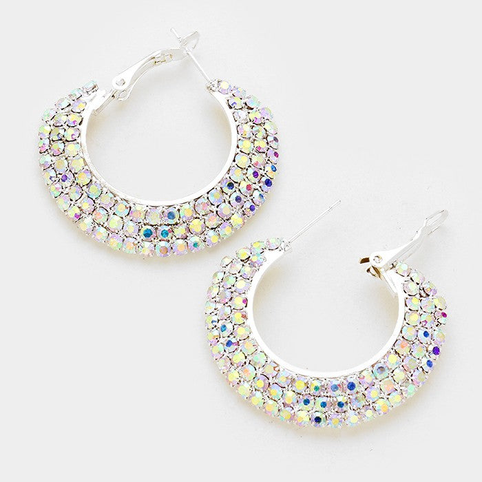 Three Row AB on Silver Rhinestone Hoop Earrings | 1.5" | 321918