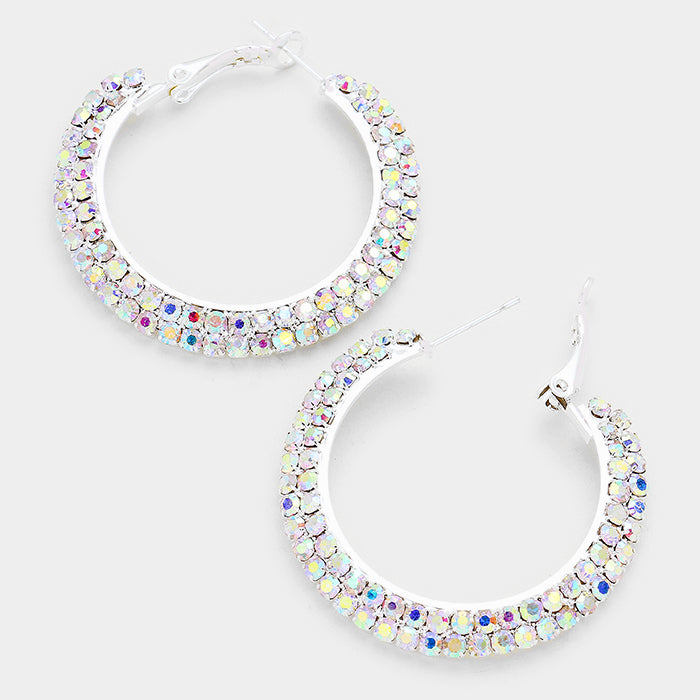 Two Row AB on Silver Crystal Hoop Earrings | 1.7" | 145976