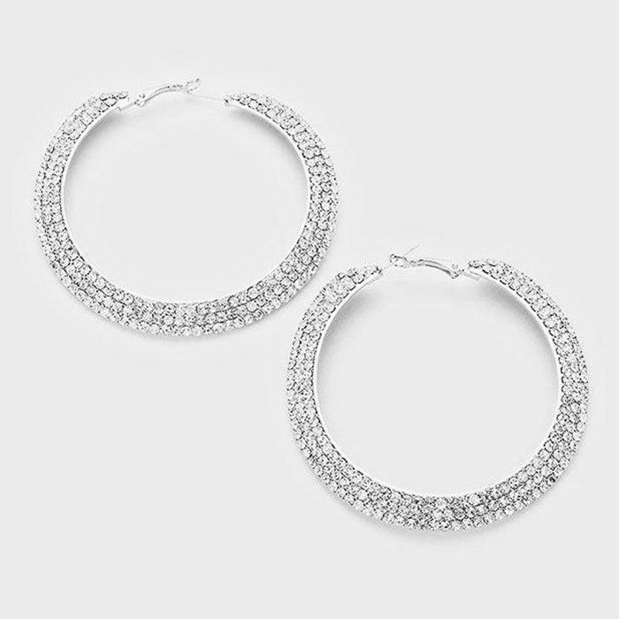 3 Row Crystal Hoop Earrings | 2.5"|155616