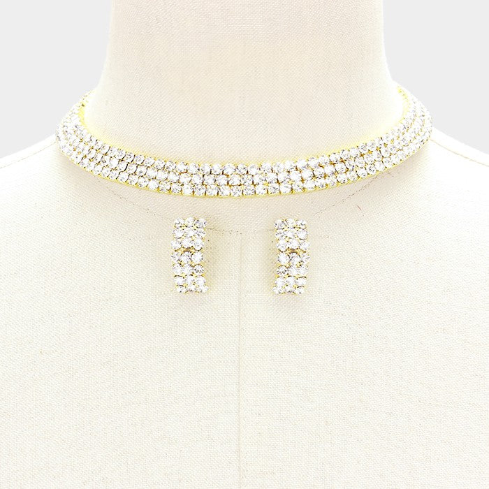 Three Row Rhinestone Choker on Gold | 101770