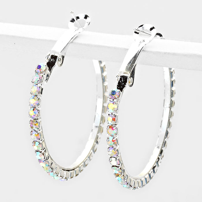 AB on Silver Crystal Rhinestone Hoop Earrings | 1.25" | 225460