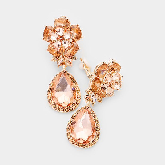 Small Peach Crystal Clip On Dangle Earrings | 398735