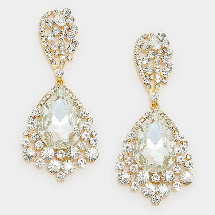 Clear Crystal Chunky Teardrop Earring on Gold | 309042
