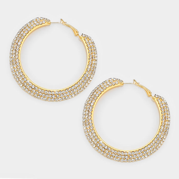 Three Row Crystal Rhinestone Hoop Earrings on Gold | 2.5"| 155614