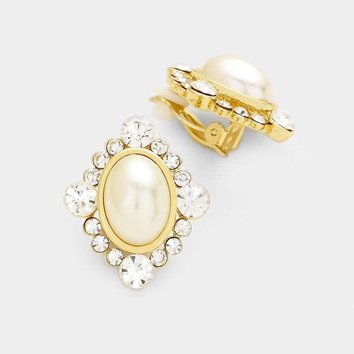 Oval Pearl Clip On Earrings with Rhinestone Accents | 349382