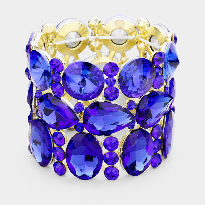 Wide Multi Shape Sapphire Crystal Stone Stretch Pageant Bracelet | 398325