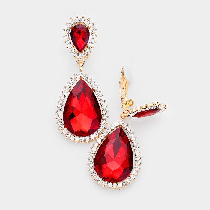 Red Crystal with Rhinestone Trim Clip On Earrings | 412432