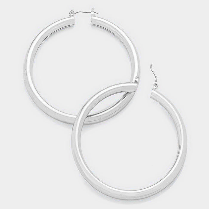Silver Metal Pin Catch Hoop Earrings | 3" | 322037