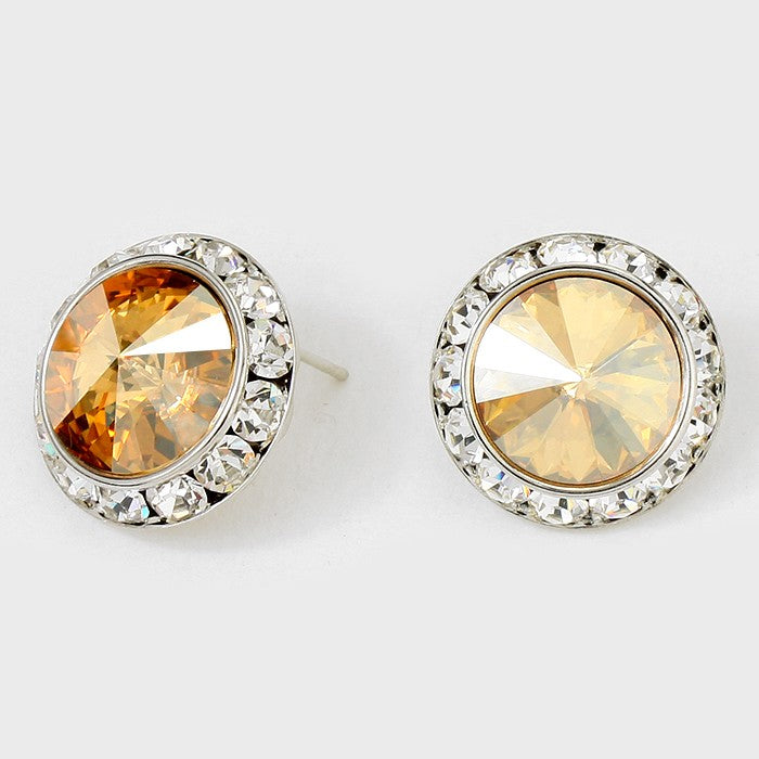 Gold Stone Crystal Round Stud Earrings | 7/8" | 122907