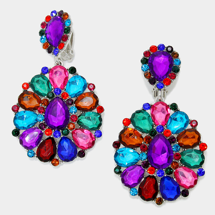 Large Multi Color Pageant Earrings | Clip On | 288543