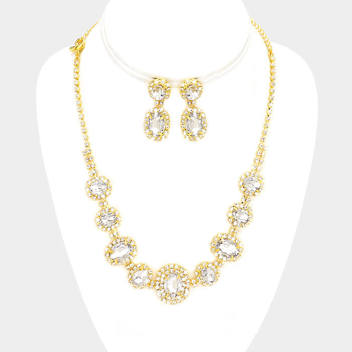 Pave Trim Crystal Rhinestone Necklace and Earrings on Gold | 345832