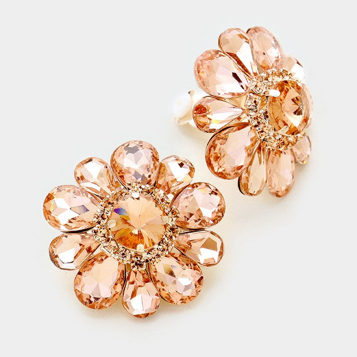Large Peach Crystal Flower Clip On Earrings | 331547