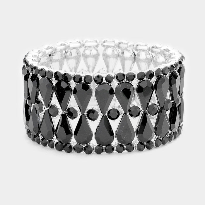 Black Crystal Teardrop Cluster Stretch Pageant Bracelet | 377558