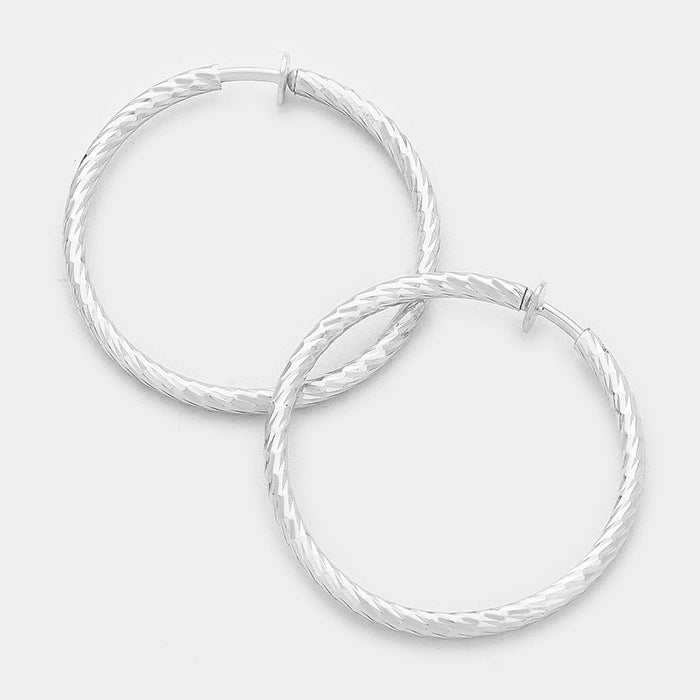 Textured Silver CLIP ON Hoop Earrings | 2.25" | 142474
