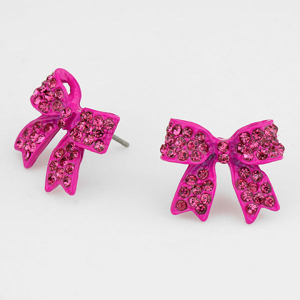 Fuchsia Crystal Rhinestone Bow Stud Earrings | 124737