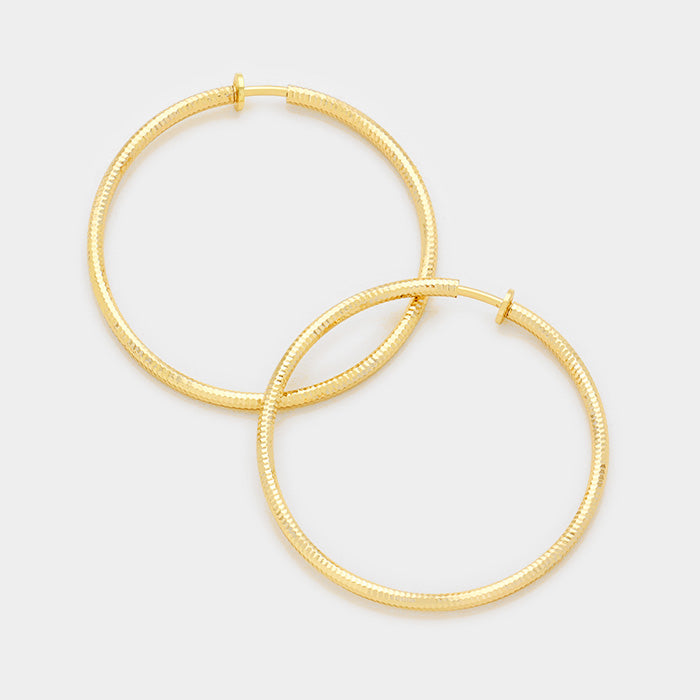 Gold Textured Hoop Clip On Earrings | 2.25" | 340792