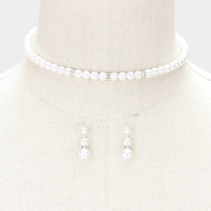 Crystal detail white pearl strand choker necklace | 145216