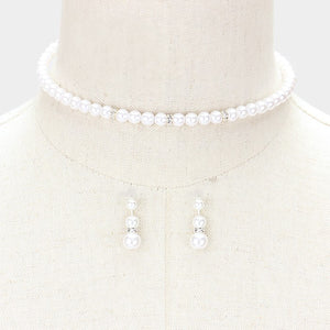 Crystal detail white pearl strand choker necklace | 145216