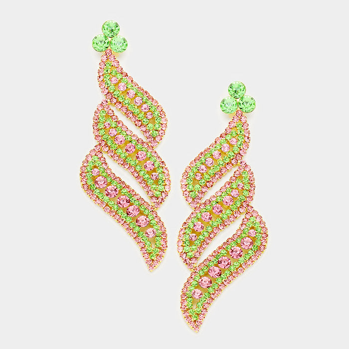 Long Pink and Green Crystal Statement Earrings