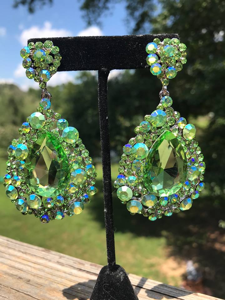 Large Green Peridot Crystal Earrings on Silver | Green Pageant Earrings | H202-7