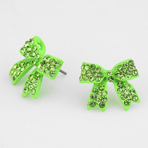 Green Crystal Rhinestone Bow Stud Earrings | 198062