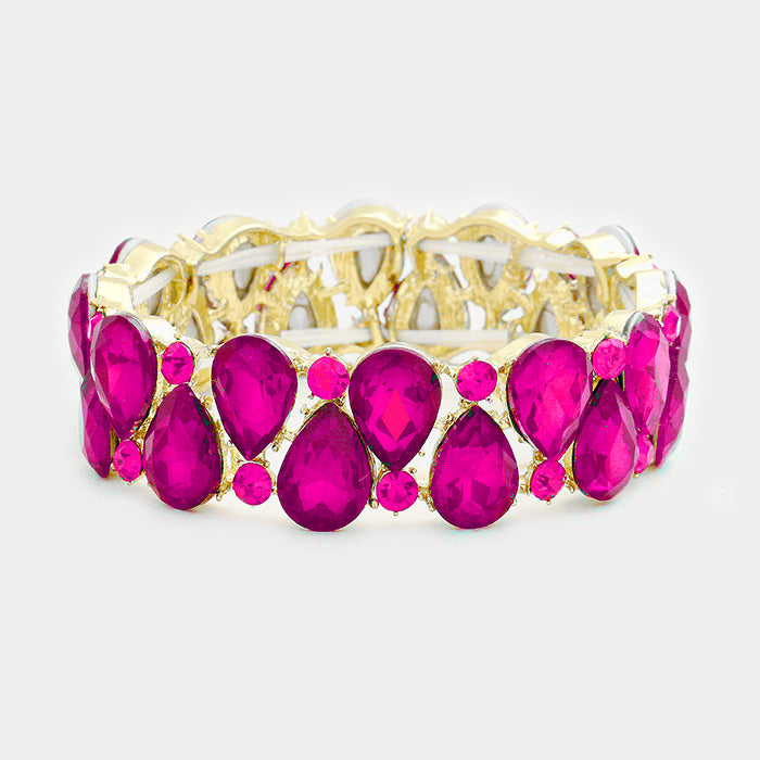 Double Row Fuchsia Crystal Teardrop Stretch Bracelet on Gold | 361012