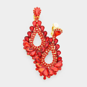 Cut Out Red Crystal Clip On Teardrop Chandelier Earrings | 418315