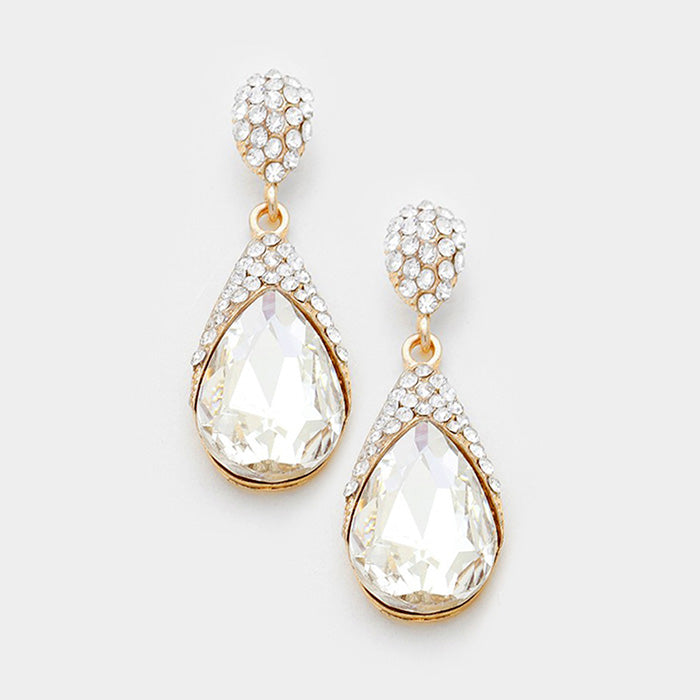 Crystal and Rhinestone Teardrop Pageant Earrings on Gold | 176489