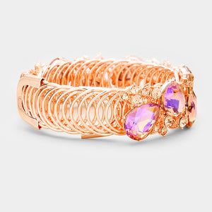 Adjustable Peach and AB Crystal Teardrop Accented Leaf Cuff Bracelet | 397070
