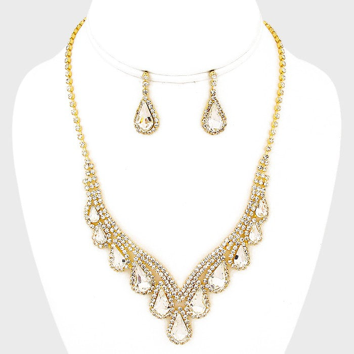 Crystal Teardrop Necklace Set on Gold | 280171
