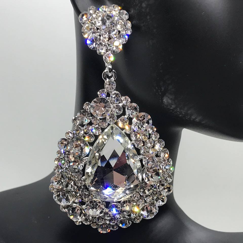 Big Crystal Rhinestone Drop Earrings Fashion Jewelry Silver / Green