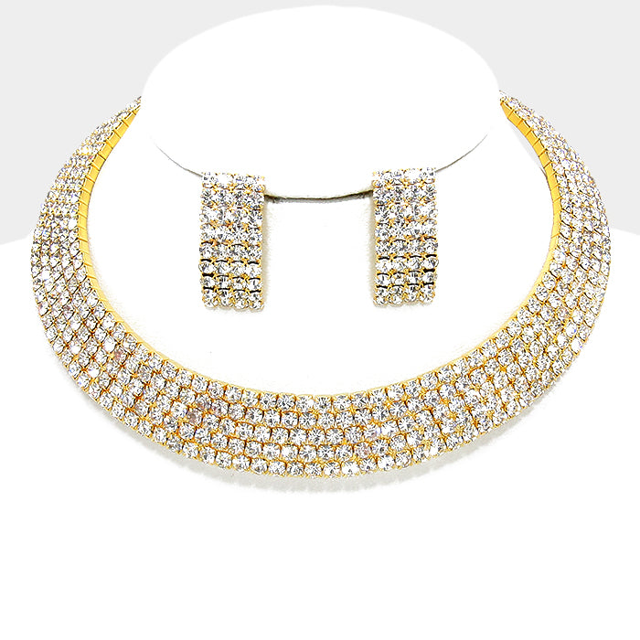Five Row Crystal Rhinestone Choker and Earrings on Gold | 63786