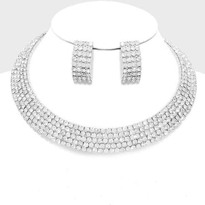 5-row silver backed clear rhinestone choker with matching earrings on a white jewelry bust