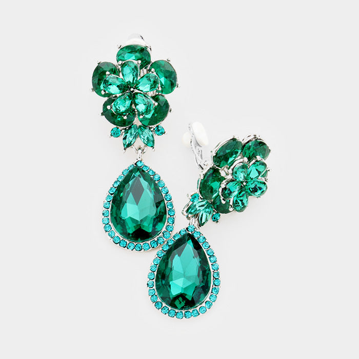 Small Emerald Crystal Clip On Dangle Earrings | 412380