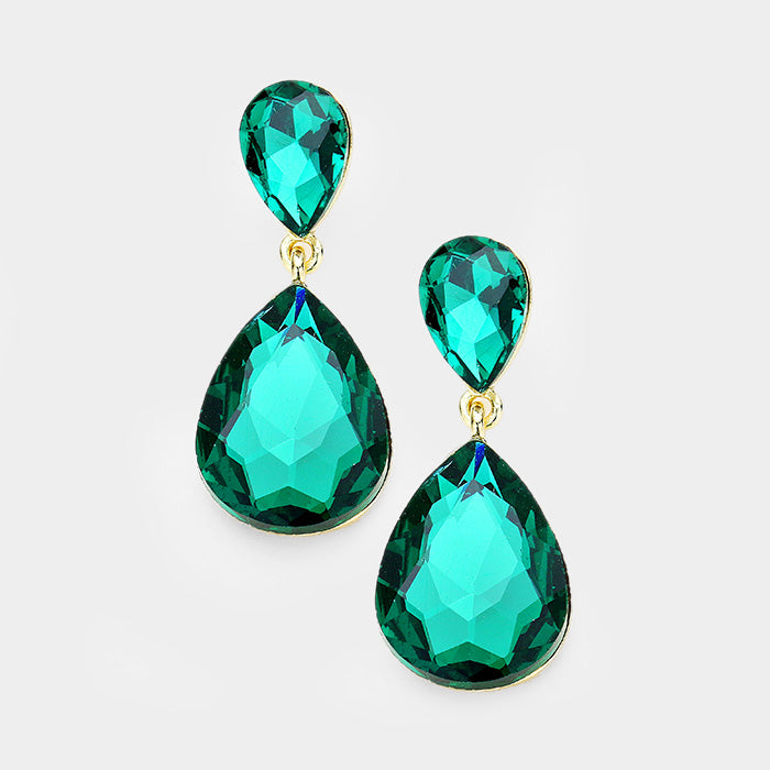 Little Girls Double Emerald Crystal Teardrop Evening Earrings | 389495