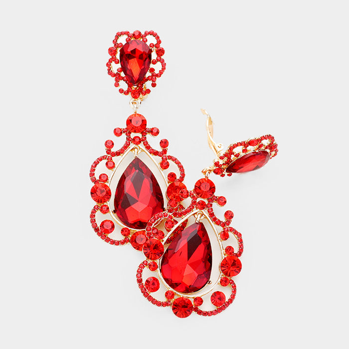 Elegant Red Crystal Chandelier Clip On Pageant Prom Earrings | 415105