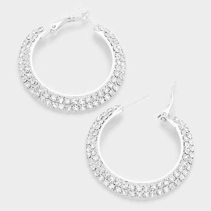 Two Row Crystal Hoop Earrings on Silver | 1.7" | 108787