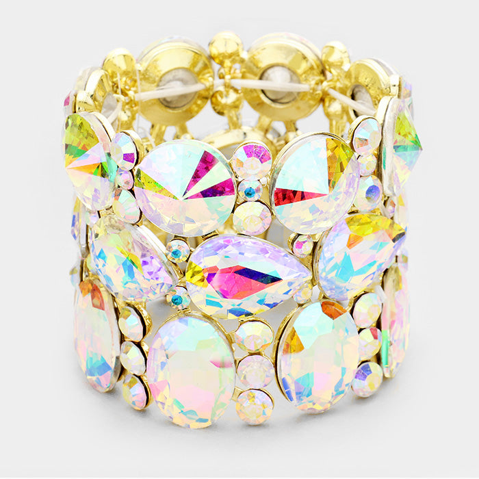 Wide Multi Shape AB Crystal Stone Stretch Pageant Bracelet on Gold | 380670