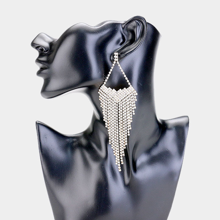 Large Rhinestone Statement Pageant Fringe Earrings on Gold | 407530