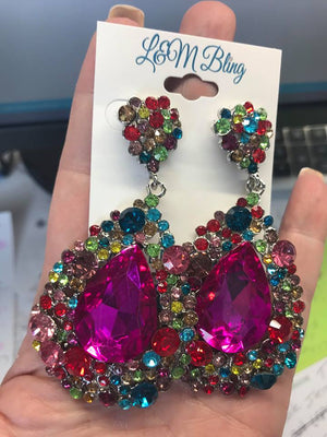Multi Colored Large Earrings on Gold | Chunky Pageant Earrings | H2027-multi