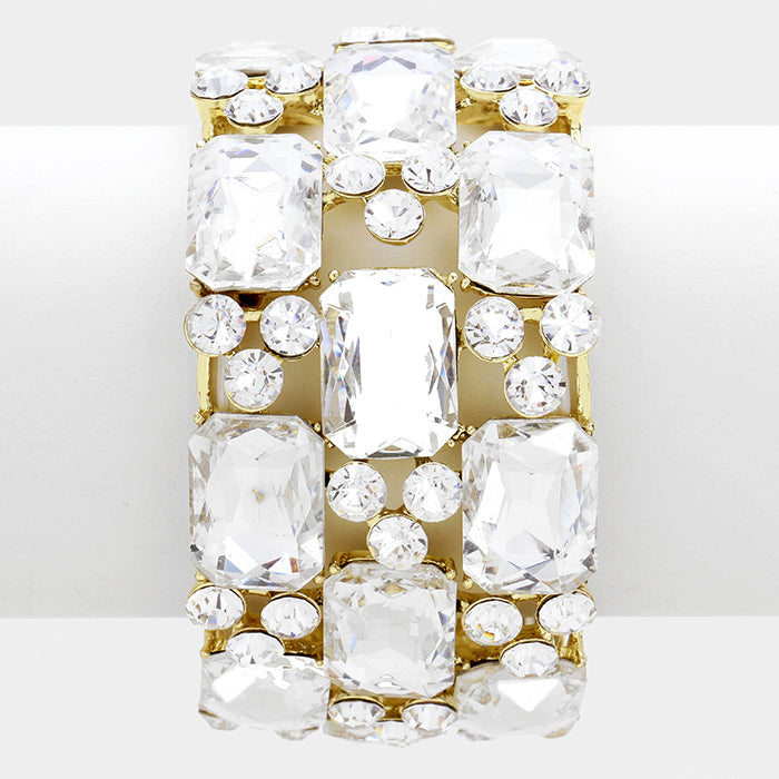 Emerald Cut Crystal Stretch Bracelet on Gold | 317667