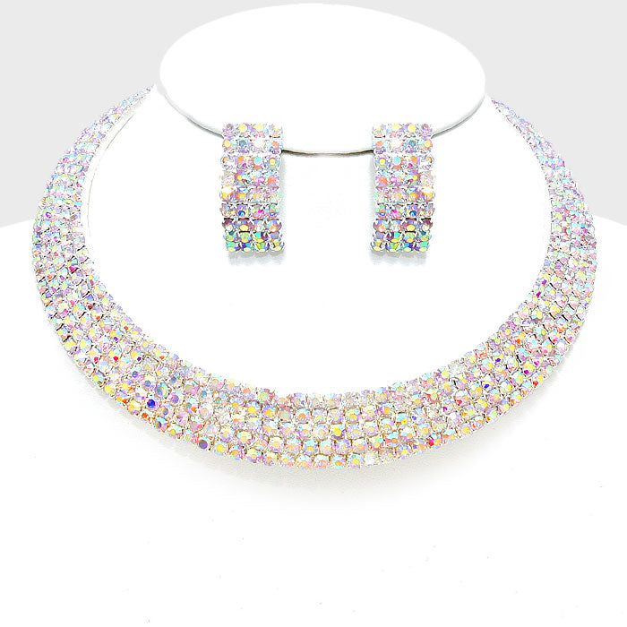Pink Crystal V-Neck Rhinestone Necklace Set, Prom Jewelry