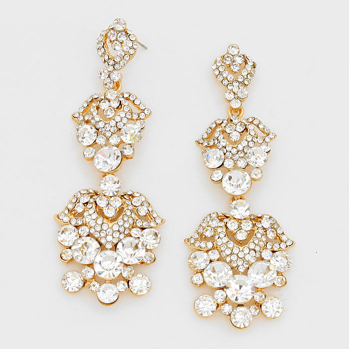 Crystal Rhinestone Chandelier Pageant Prom Earrings on Gold | Lauren | 201118