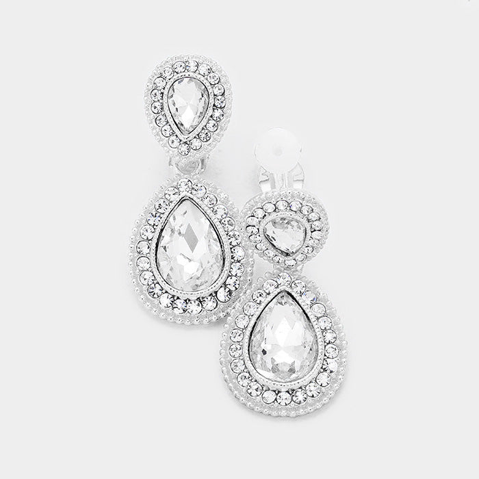 Little Girls Double Crystal Teardrop Clip On Earrings | 379520