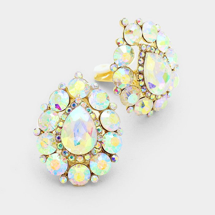 Large AB Crystal Teardrop Stud Clip On Earrings on Gold | 248551