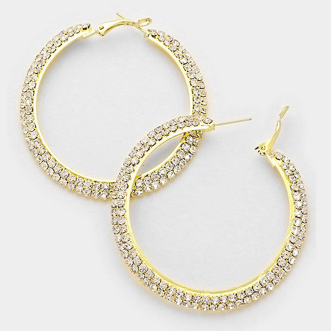 Two Row Crystal Hoop Earrings on Gold | 2.3" | 145978