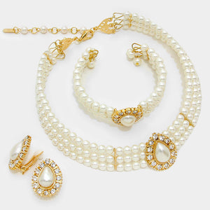 Cream Pearl 3-Row Choker Bridal Necklace Set with clip on earrings and matching bracelet with a large teardrop cream pearl as a center decor on a white background