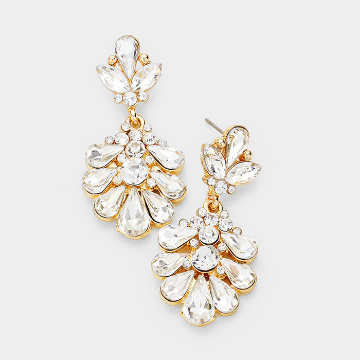 Little Girls Crystal Cluster Teardrop Pageant Earrings on Gold | 402704