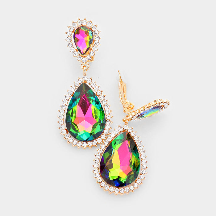 Multi Color Crystal with Rhinestone Trim Clip On Earrings | 412431