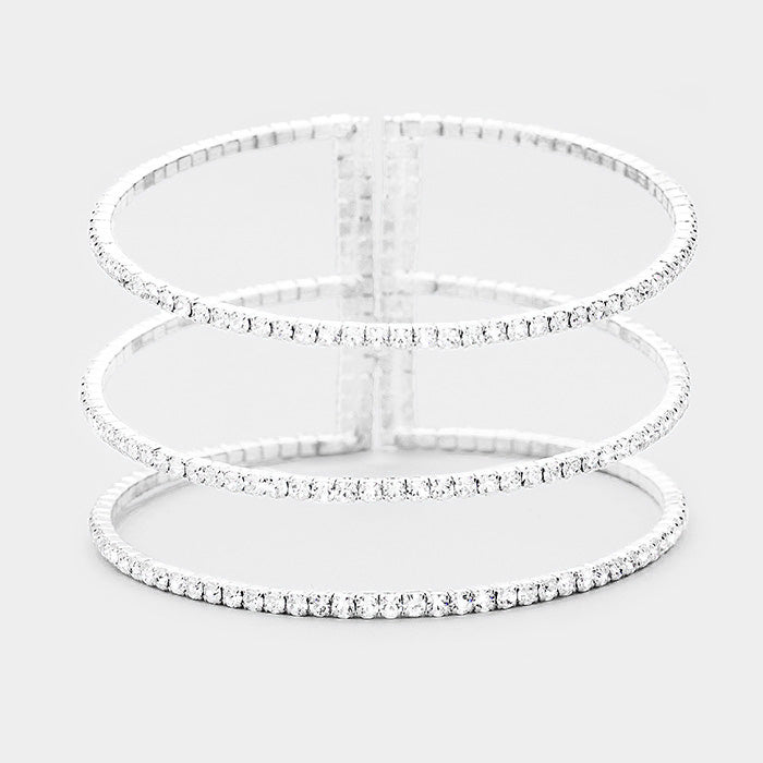 3 Row Split Layer Round AB Crystal Cuff Bracelet on Silver